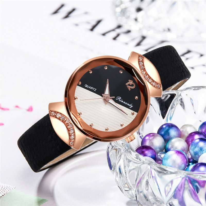 Relógio feminino quartz, visor de duas cores com pulseira de couro pu