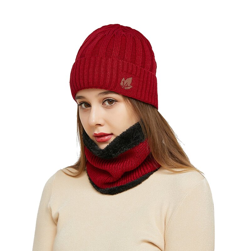 겨울 따뜻한 비니 모자 스카프 세트 따뜻한 니트 모자 해골 모자 목 따뜻한 두꺼운 양털 줄 지어 겨울 모자와 스카프 남성 여성을위한