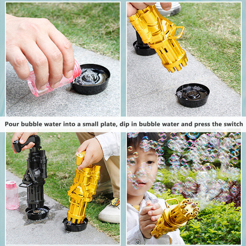 Crianças automático gatling bolha arma brinquedos verão sabão água bolha máquina 2-em-1 máquina de bolha elétrica para crianças presente brinquedos