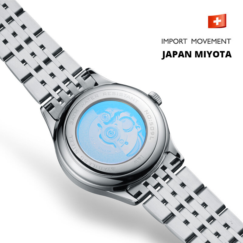 ساعة ميكانيكية أنيقة للنساء العلامة التجارية العليا سويسرا I & W ميوتا حركة ساعة أوتوماتيكية الياقوت التقويم مقاوم للماء Reloj
