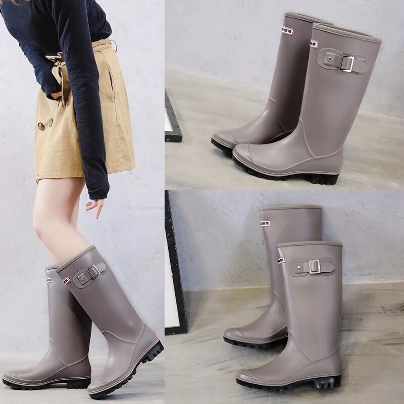 Sansom-Botas de lluvia a la moda para mujer, botas hasta la rodilla con hebilla de tubo largo, zapatos impermeables de alta calidad, Botas de lluvia de goma de PVC