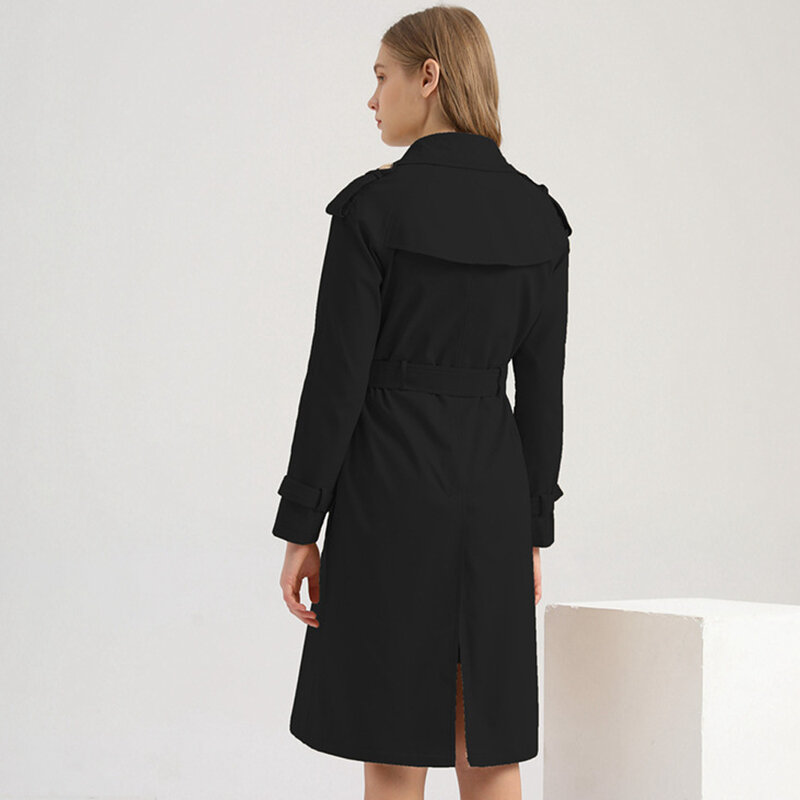Frühling Herbst Mode Frauen Lange Jacke Mantel Schlank Drehen-unten Kragen Zweireiher Gürtel Outwear Graben Famale