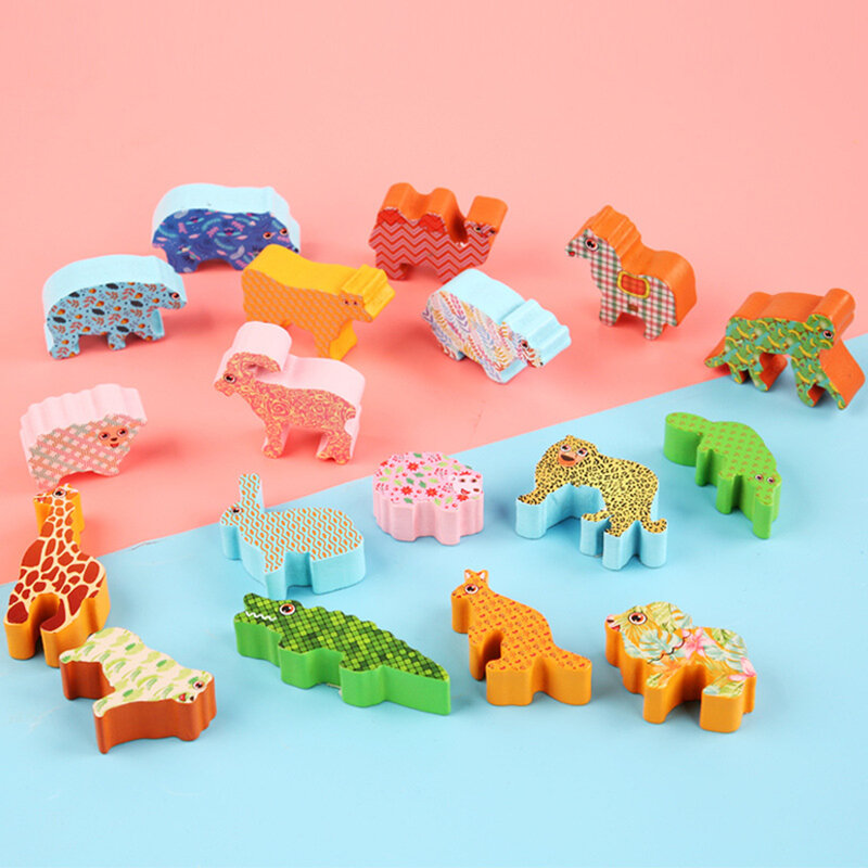 Mainan Anak Blok Bangunan Keseimbangan Susun Kayu Kartun Hewan Dinosaurus Blok Warna-warni Permainan Keseimbangan Montessori Mainan Kayu