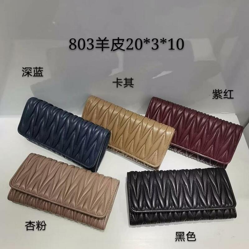 free shipping 2020 the new style fashion pleated genuine leather sheepskin women wallet 5 color 20cm