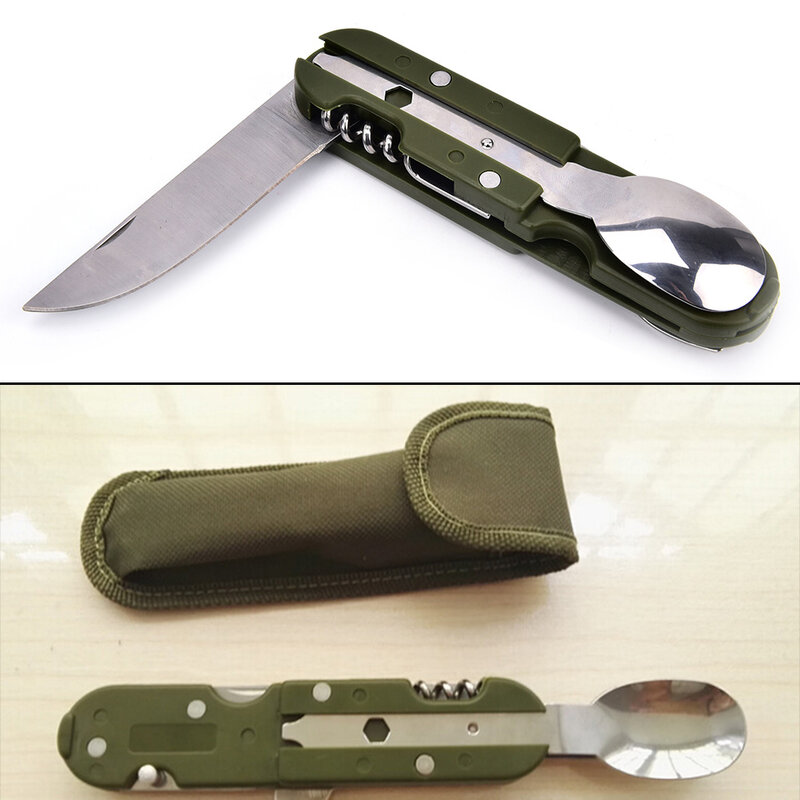 Aço inoxidável kit de viagem verde do exército dobrável acampamento piquenique talheres faca garfo colher abridor garrafa talheres portátil