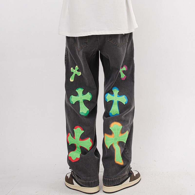 Celana Jeans Longgar Pria Lurus Kpop Grafiti Silang 2021 Pakaian Gaya Akademisi Gelap Celana Panjang Denim Antik Pantalon Uomo
