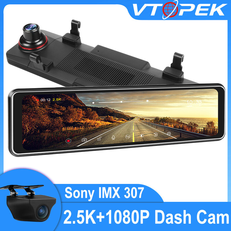Vtopek – enregistreur vidéo de conduite pour voiture avec écran tactile, 2.5K, 10.88 pouces, Vision droite, Streaming multimédia, double objectif, caméra arrière