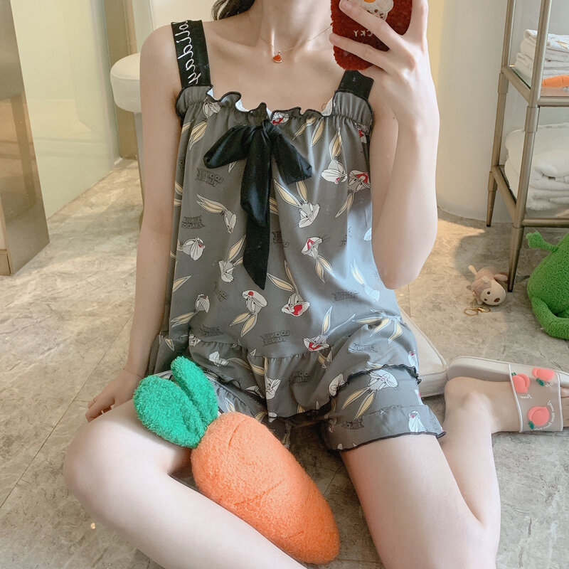 Pajamas Women's Summer Spaghetti-Strap Padded Cute Two-Piece Suit Cotton Thin Student Vest Homewear Short Sleeve Squirrel