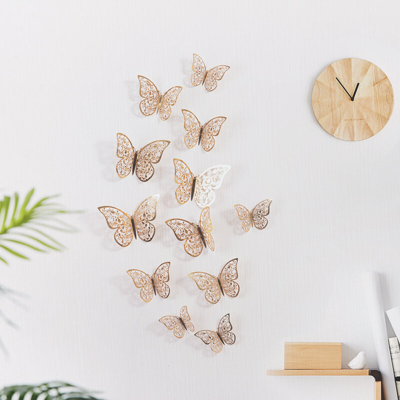12 Pçs/set 3D Adesivos de Parede Decorativo Oco Borboleta Para Crianças Baby Room Home Decor DIY Mariposas Frigorífico Adesivos Autocolantes Presente de Ano Novo