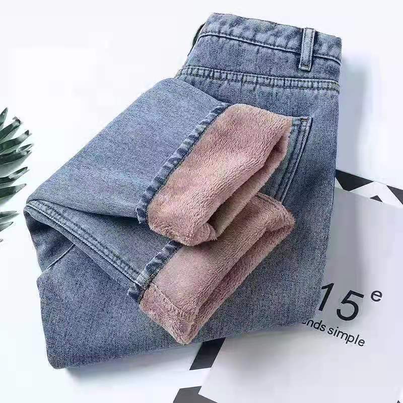 Зимние джинсы плюс бархатные плотные брюки Traf синие свободные брюки с высокой талией черные прямые толстые джинсы повседневные теплые женс...