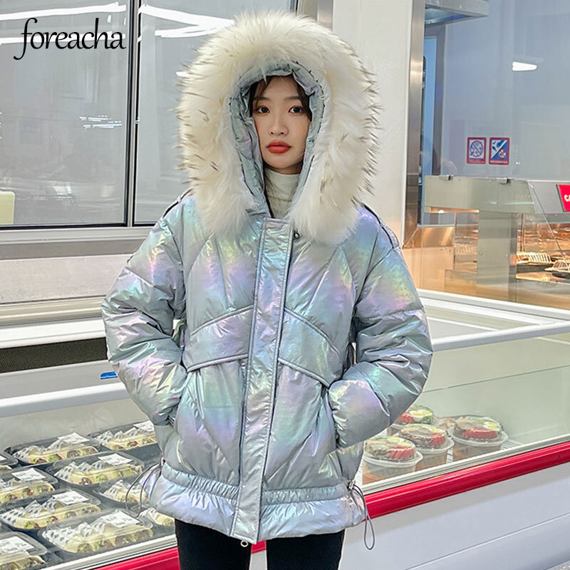 광택 여우 모피 칼라 다운 재킷 여자 90% 화이트 오리 패션 겨울 따뜻한 코트 후드 지퍼 느슨한 파카 여성