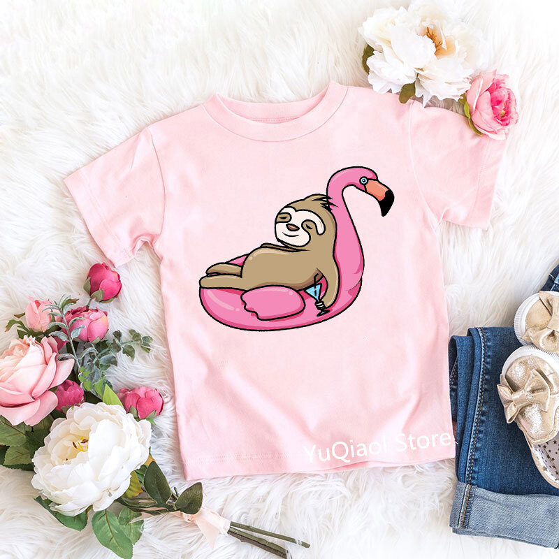 Lazy Sloth On A Flamingo Funny Cartoon Print T-Shirt Kids Tshirt Summer Clothes Baby Girls Pink T Shirt Children's Clothing 3-13