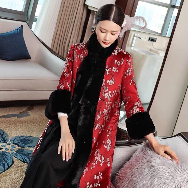 Pakaian Nasional Antik Panjang Sedang Musim Dingin Mantel Bordir Tebal Atasan Cina Wanita Tang Suit Tradisional Katun Jaket Hanfu