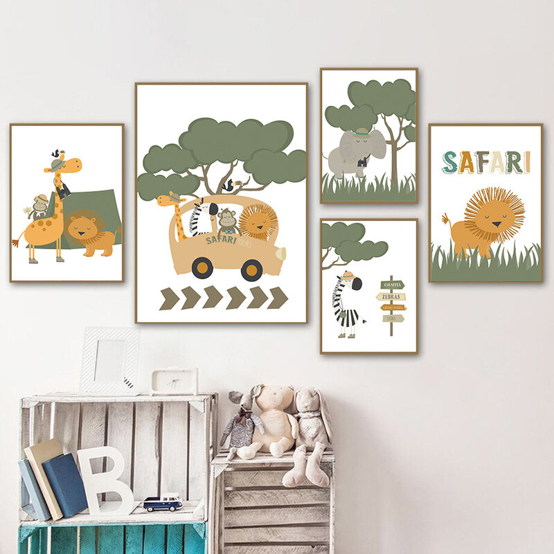 Safari Tour Jerapah Singa Monyet Zebra Gajah Seni Dinding Lukisan Kanvas Poster Nordic dan Cetakan Gambar Dinding Dekorasi Kamar Anak-anak