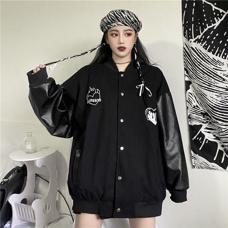Primavera e outono 2022 nova versão coreana ins versátil jaqueta de beisebol solto jaqueta preta moda feminina