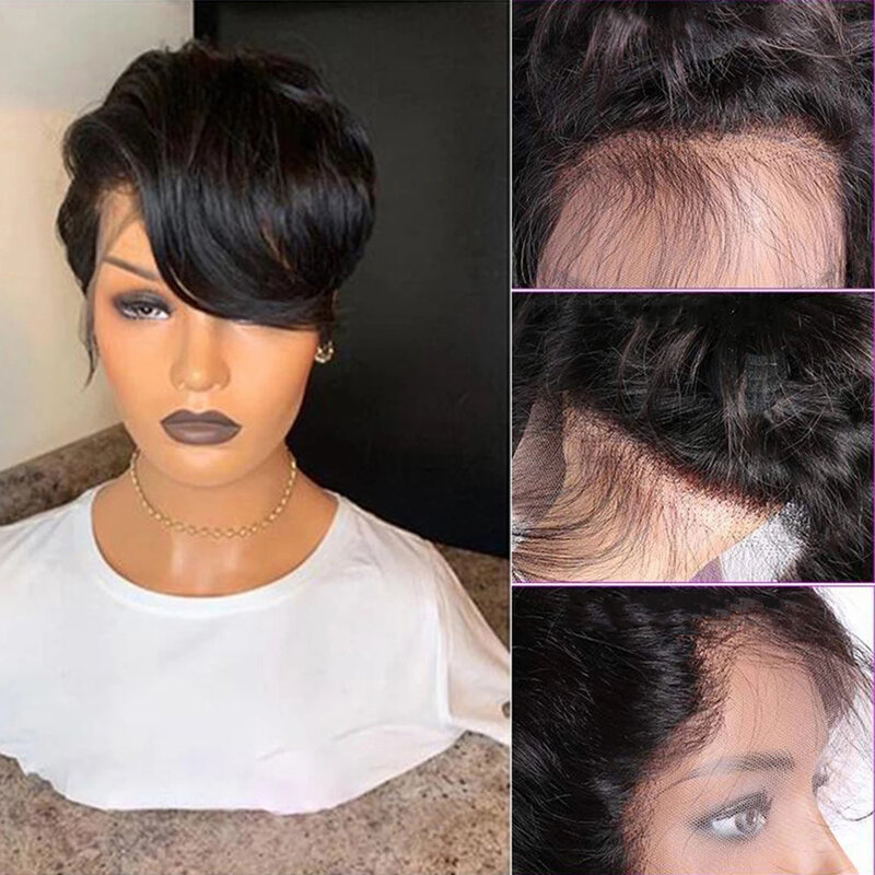 Peluca de cabello humano liso para mujer, postizo de encaje transparente Natural brasileño, corte Pixie, predespuntado