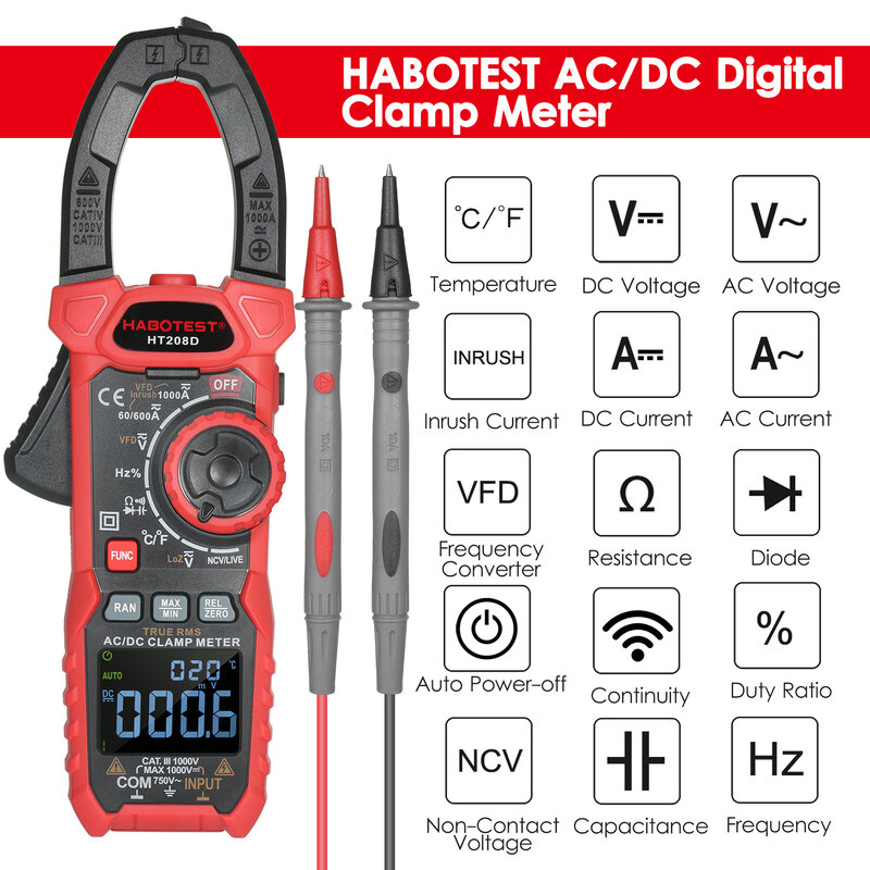 HABOTEST HT208D AC/DC Digital Clamp Meter True-RMS Multimeter Anto-Ranging Multi Tester Current Clamp
