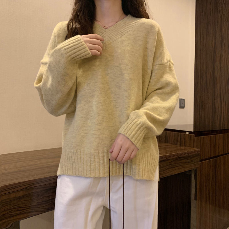 Suéter corto de lana suave Kawaii para niñas, Jersey holgado de lana suave con mangas abullonadas de terciopelo de punto, color gris liso, para invierno y otoño