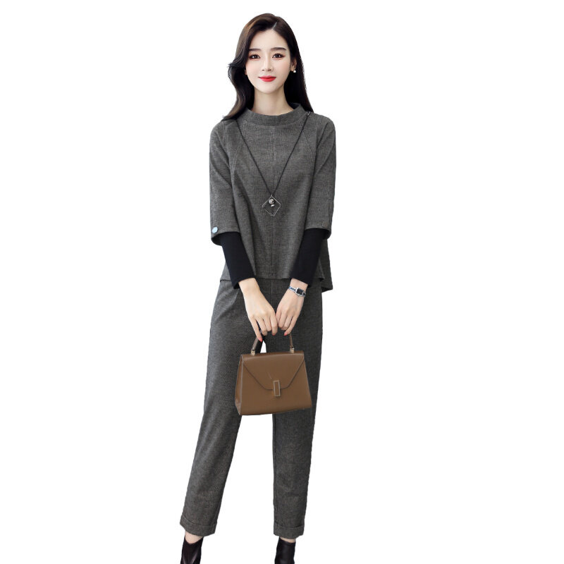 Terno de moda feminina roupas de outono 2021 novo elegante fino ajuste casual estilo ocidental cintura alta caída ampla perna calças de duas peças