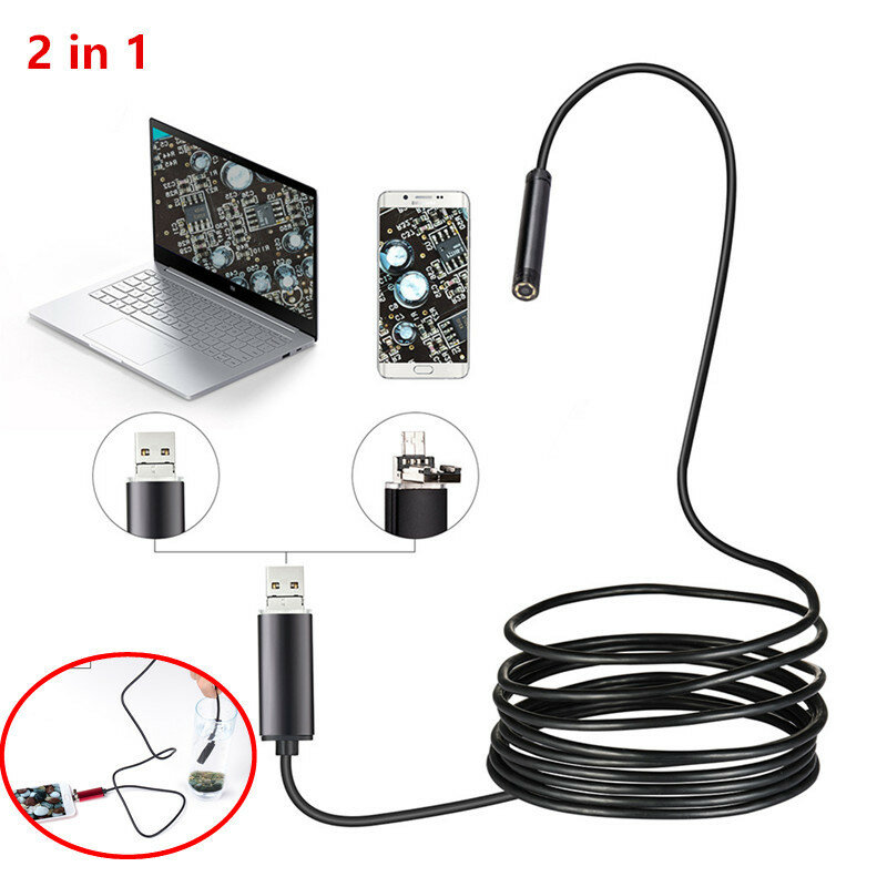 Cámara endoscópica 2 en 1 de 7mm, videocámaras pequeñas, Micro USB, Flexible, IP67, impermeable, 6 LED, boroscopio, cámara de inspección, Android, Loptop