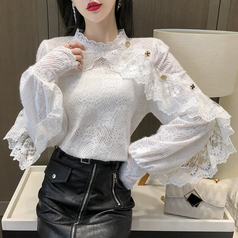 2021 Spring Crochet Lace Blouse Women New Long Sleeve White Shirt Chic Ruffle Lace Stitching Shawl Ladies Stand Collar Tops