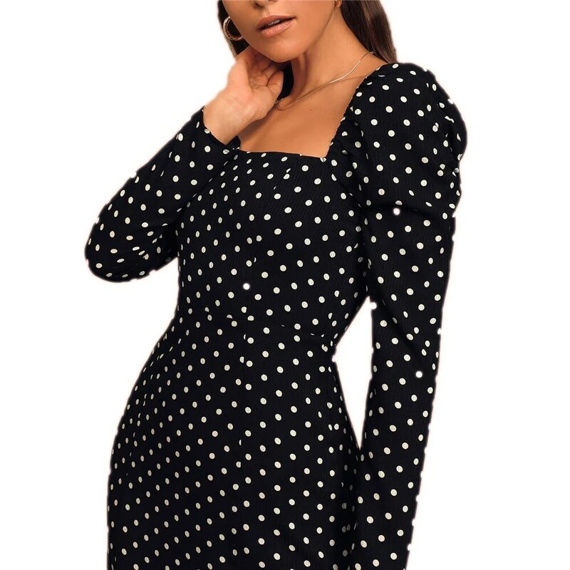 Dresses for Women 2021 Spring  Vintage Black Polka Dot Midi Long Sleeve Dress