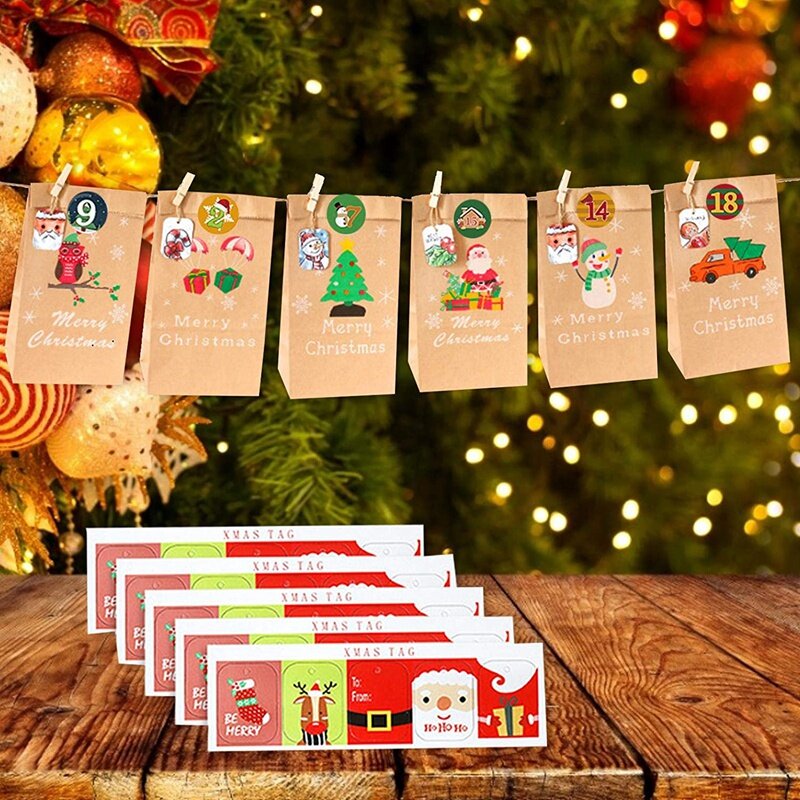 24 набора рождественских сумок с календарём и календарём на 24 дня, сумки из крафт-бумаги, сумки для рождевечерние, рождественские украшения (...