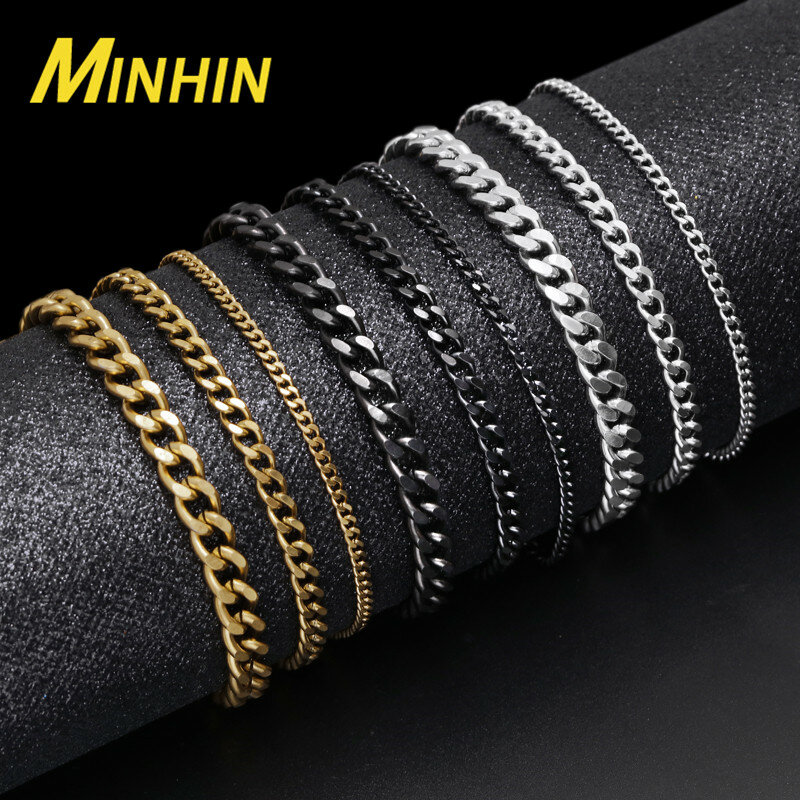 Minhin Basic Rvs Ketting Voor Mannen Vrouwen Cubaanse Link Chain Chokers Vintage Goud Zwart Effen Metalen 40 50 60cm Kettingen
