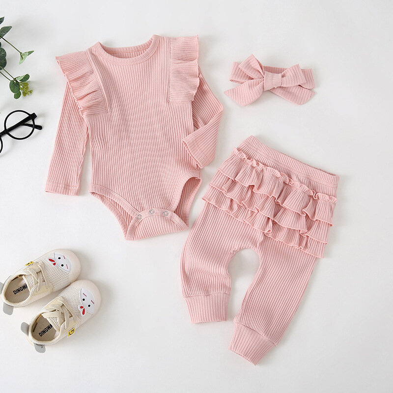 Set Baju Bayi Perempuan Baru Lahir Baju Romper Ruffle Lucu Lengan Panjang Musim Gugur Setelan Celana Panjang Atasan 3 Potong Baju Pakaian Bandana