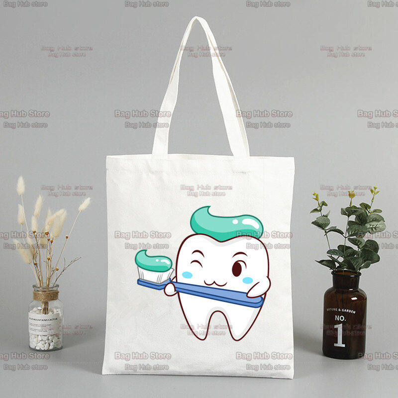 Impressão do dente bolsa de lona feminina grande capacidade harajuku faculdade saco de compras sacos de ombro dos desenhos animados saco de hip hop