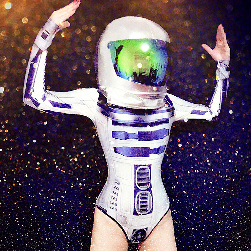 Klub nocny Bar wokalistka DS DJ przestrzeń kostium GOGO kostium taneczny kask z długim rękawem body kobiety Cosplay etap nosić DWY3317