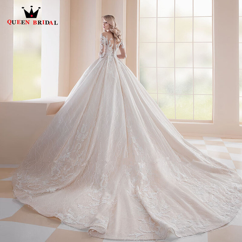 Luxury Ball Gown Wedding Dresses Big Train 3 4 Sleeve Tulle Lace Appliques Formal Bridal Gown 2022 New Design Custom Made DS48