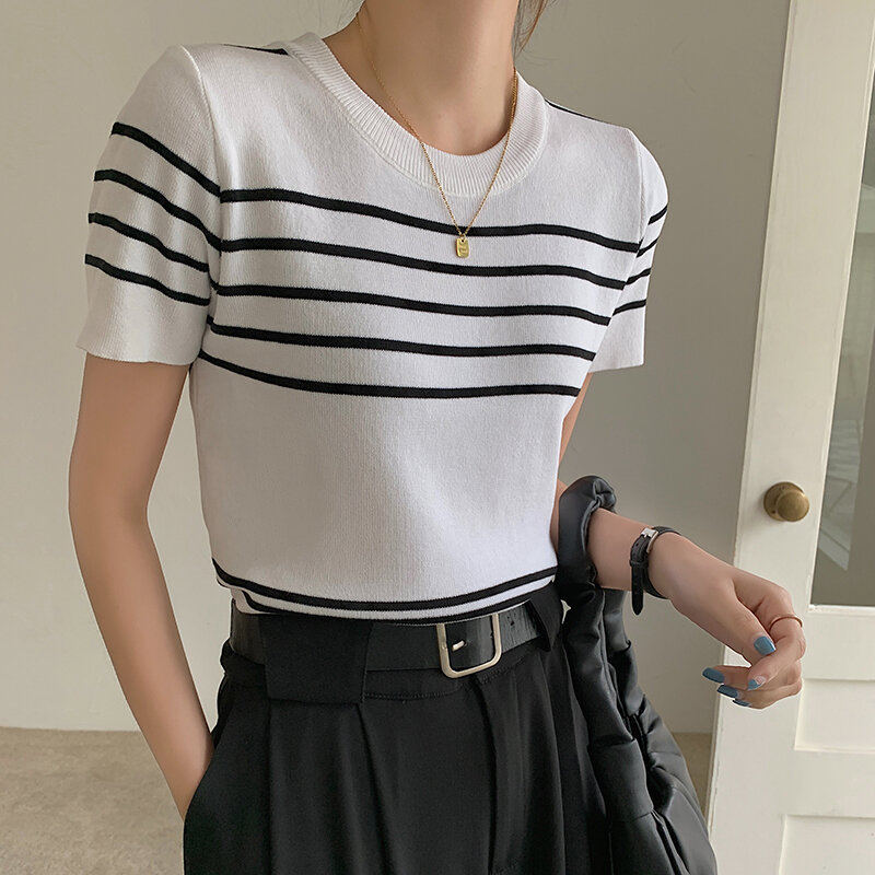 T-shirt women summer stripe knit round neck short sleeve slim female tops 25001#