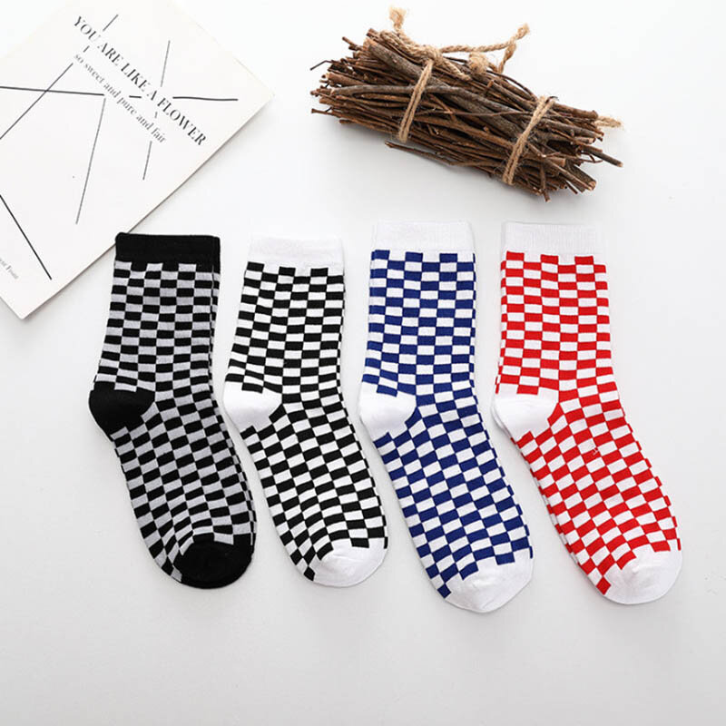 Kawaii – chaussettes à carreaux géométriques pour hommes et femmes, 1 paire, tendance, Hip Hop, coton, unisexe, Streetwear, nouveauté