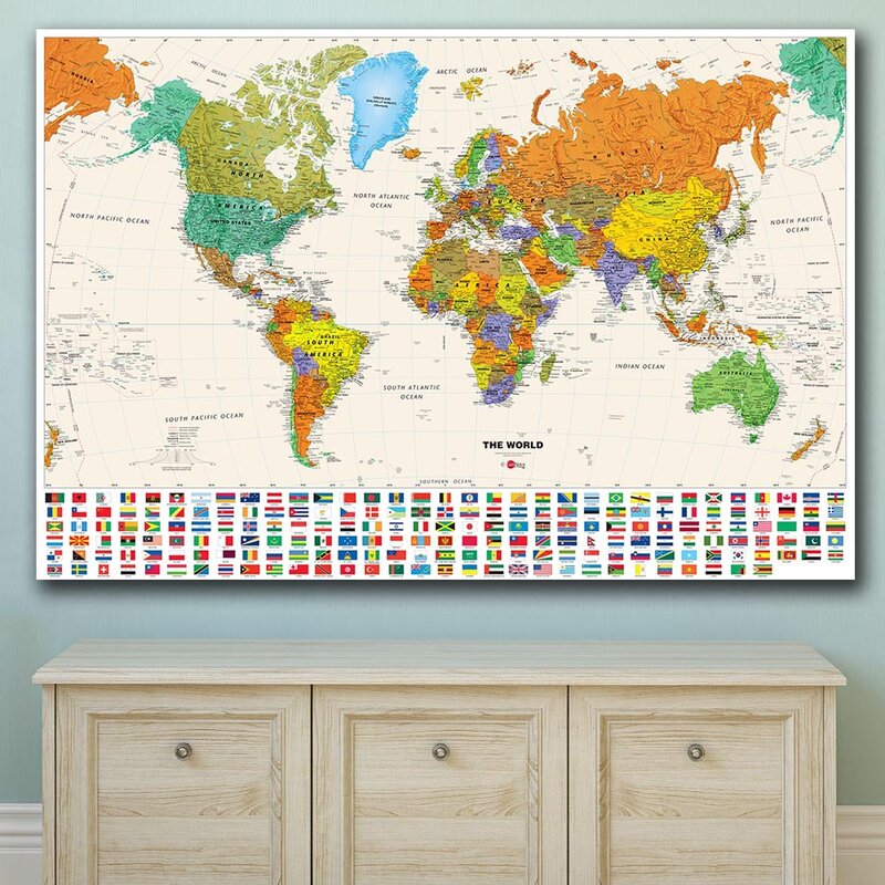 The World Map with National Flags Vintage Canvas Painting Wall Art Poster Non-woven Fabric School Supplies Home Decor
