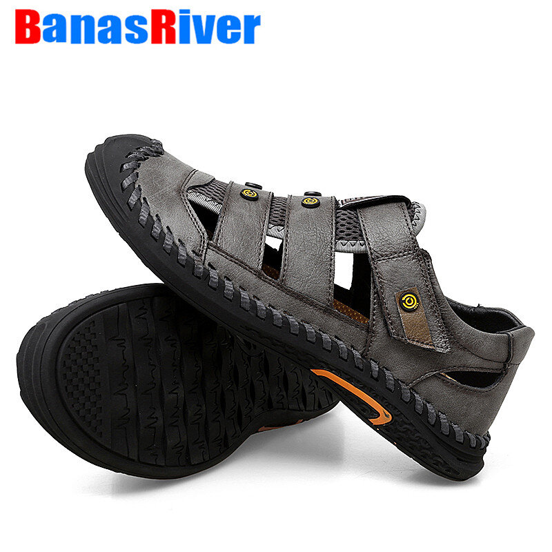 Casual Soft Sandals Leather Men Shoes Summer New Large Size Fashion Slippers Handmade Breathable Walking Driving Outdoor Sport