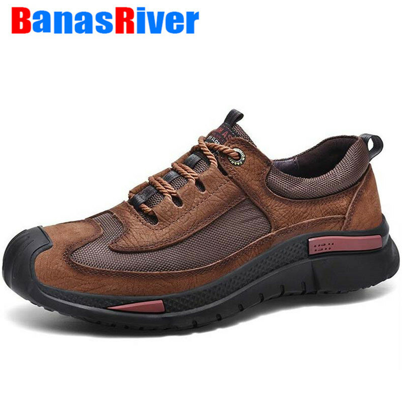 2020 New High Quality Men's shoes Splice Casual Cow Leather Loafers Motorcycle Comfortable Flats Lace-up Male Walking Footwear