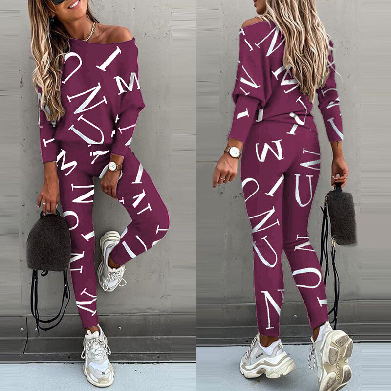 Two Piece Oversized Sportswear Women's Tracksuit Letter Print Long Sleeve Loose Pullover and Sport Pants Suit Lady Casual Set