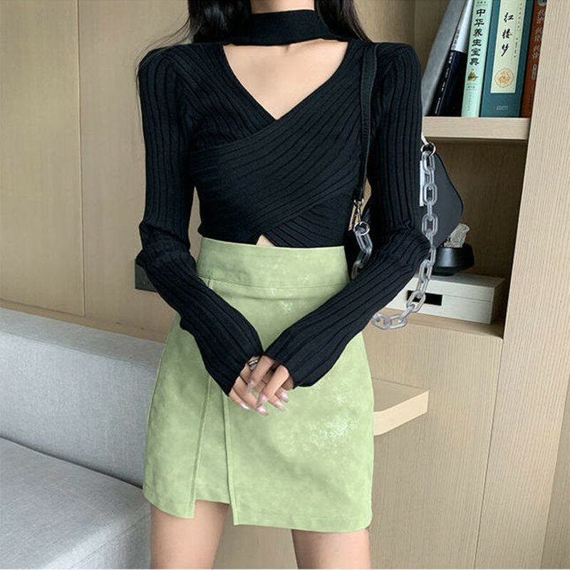 Women's Knitted Pullover Sexy V Neck Cross Vertical Stripes Hollow Long Sleeves Slim Tops Wholesale Autumn Trendy Lady Clothing