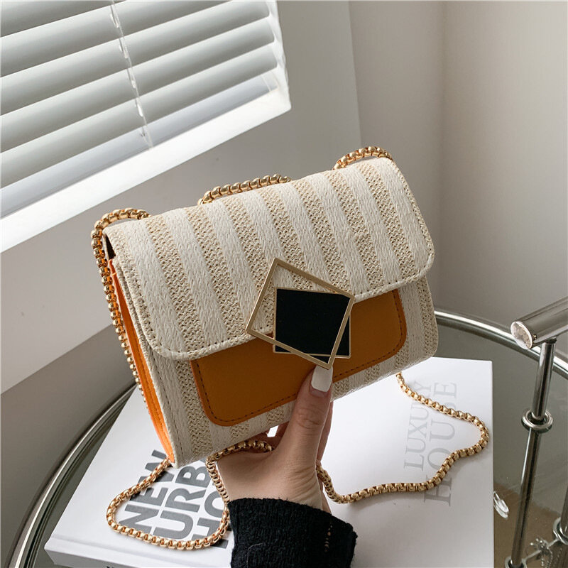 Aaby Fashion Straw Crossbody Bag For Women Striped Panelled Mini Summer Beach Bag With Matel Chain And Lock High Quality