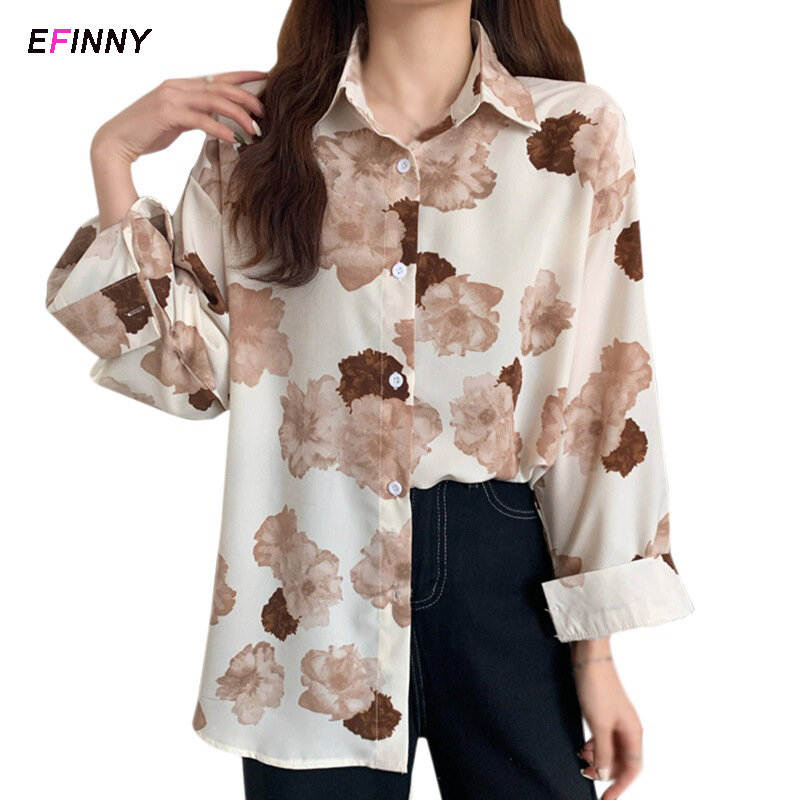 Blusa de chiffon feminina verão, camiseta feminina estampada floral, moda coreana, blusa feminina de manga comprida, blusa doce feminina