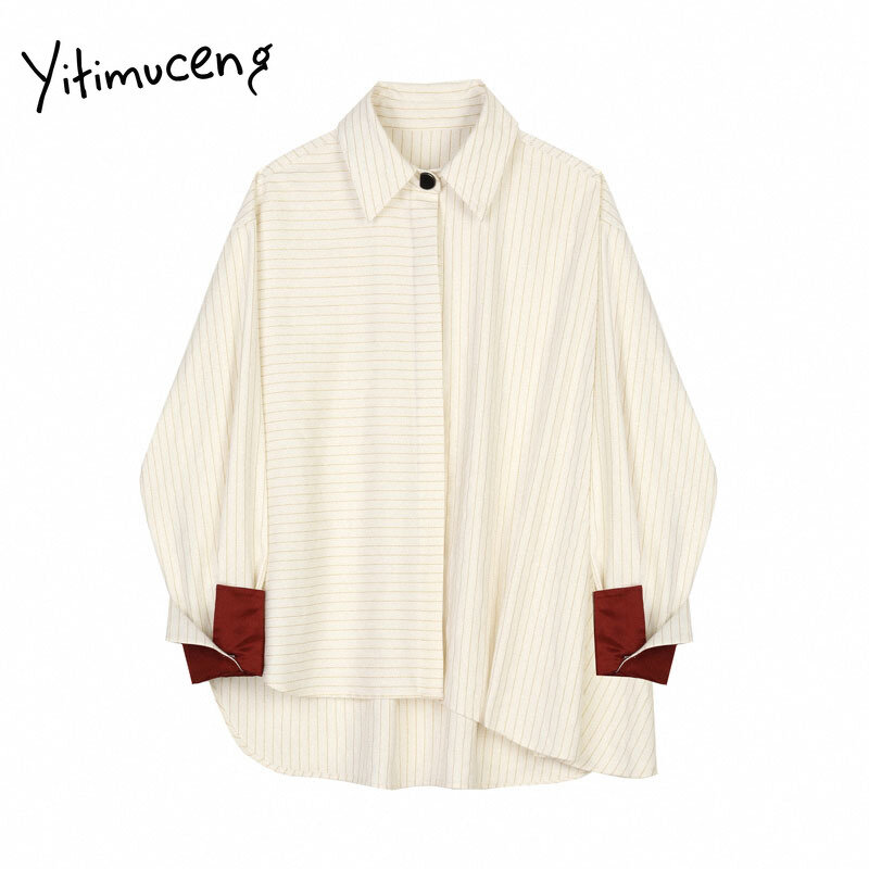 Полосатая Асимметричная блузка Yitimuceng, женская рубашка с длинным рукавом, рубашки на пуговицах, прямые однотонные Весенние новые модные пов...