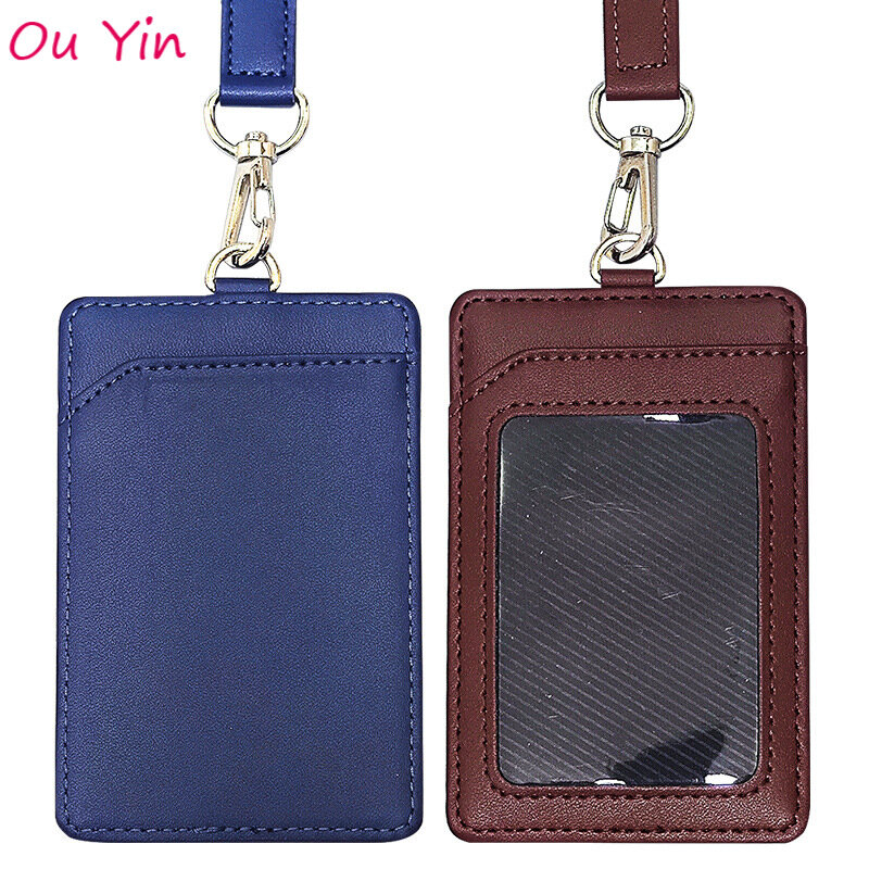High Quality Cowhide Work Card Holder Business Card ID Badge Lanyard Clip Hot Vertical Cowhide ID Card Case