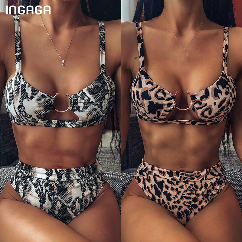 INGAGA-Conjunto de Bikini de cintura alta para mujer, traje de baño de leopardo con realce, de pierna alta, brasileño, 2021