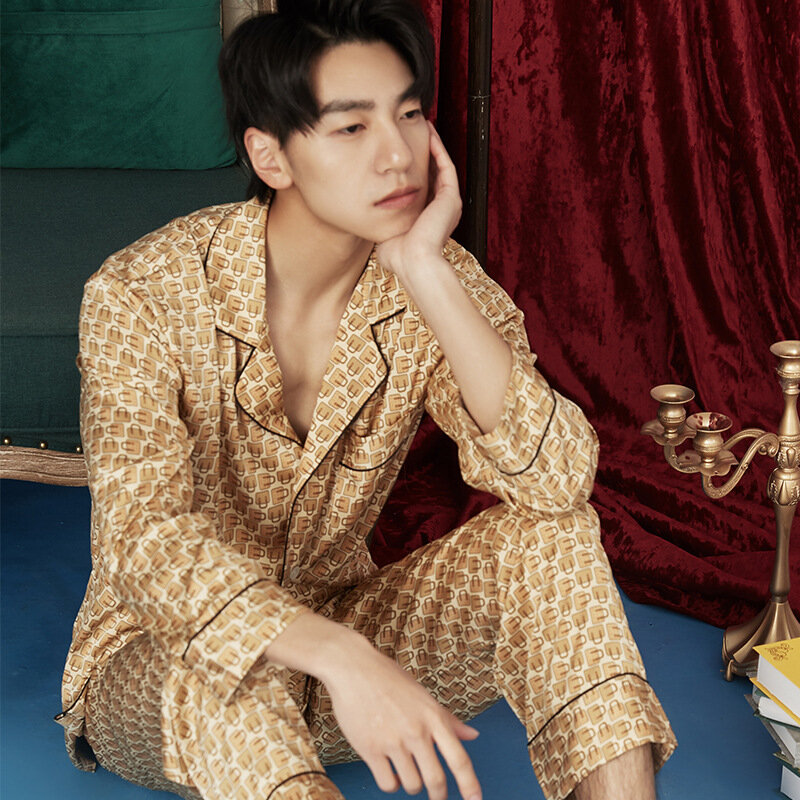 Pajamas Men's Spring Champagne Gold Home Service Simulation Silk Home Suit High Quality Two Piece Sleepwear Pyjamas for Male