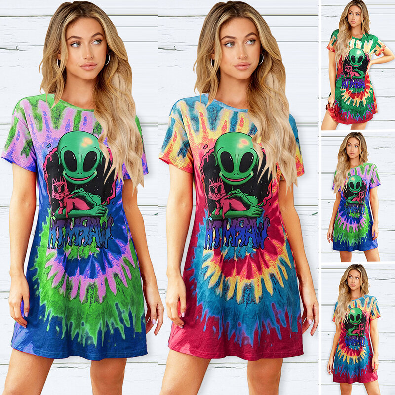 Yg Merk Vrouwen 2021 Zomer Nieuwe Mode Alien Print Ronde Hals Casual T-shirt Medium Lengte Vrouwen Korte Mouw top