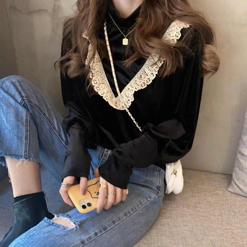 Blusa feminina de renda e veludo com babado, blusa coreana de manga comprida e gola alta, camisa básica para primavera/inverno 2021