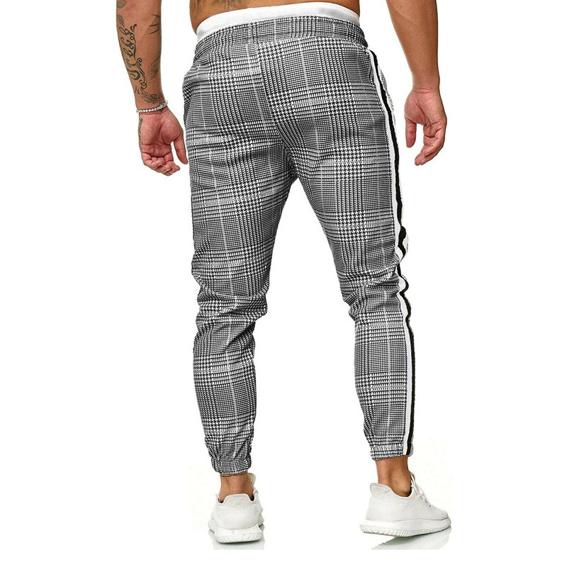 Novas calças esportivas dos homens bolso xadrez impressão correndo calças atléticas de futebol treinamento calça esportiva elasticidade jogging gym