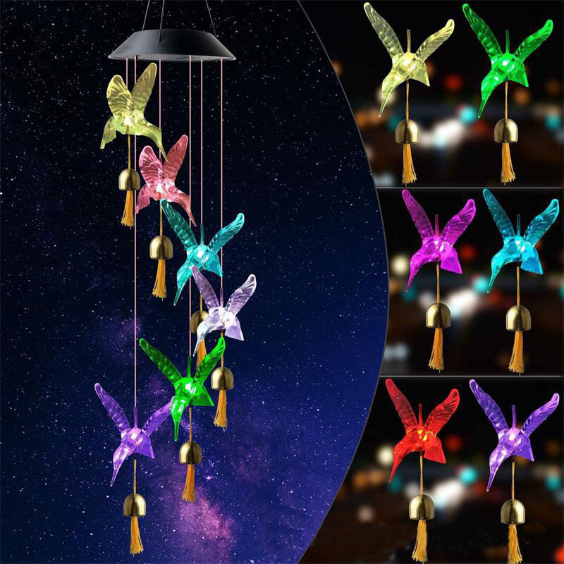 Luce di decorazione esterna impermeabile della farfalla di angelo del colibrì del carillon di vento di energia solare cambiante di colore per il giardino del cortile del Patio