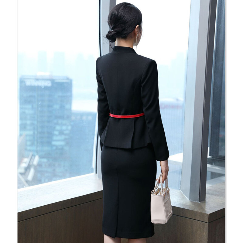 Falda de manga larga hasta la rodilla para mujer, traje de chaqueta, conjunto de traje de oficina, chaqueta de adelgazamiento asimétrico, traje de negocios